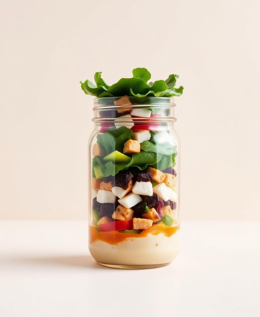 Camadas da salada no pote: molho, proteína, vegetais, folhas